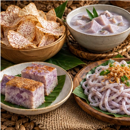 Ilustrasi aneka makanan dari talas: keripik, kolak, kue dan mie